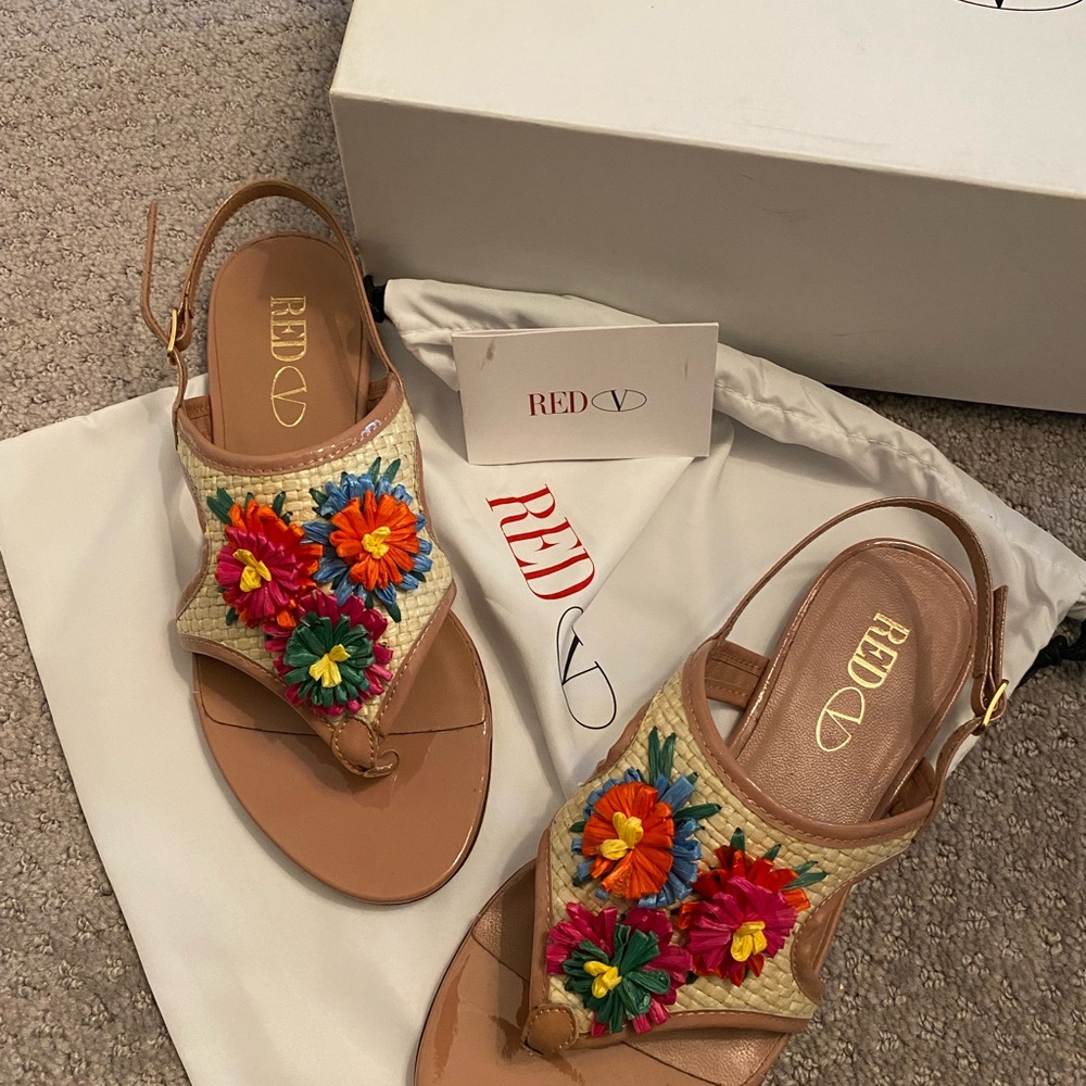 Red Valentino floral raffia thong sandals 36.5